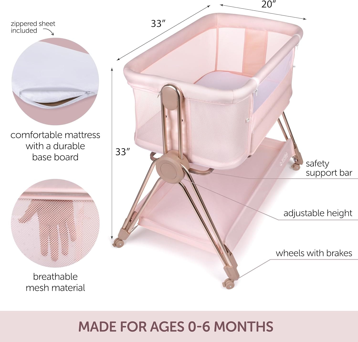 Pink portable baby crib with breathable mesh sides and wheels