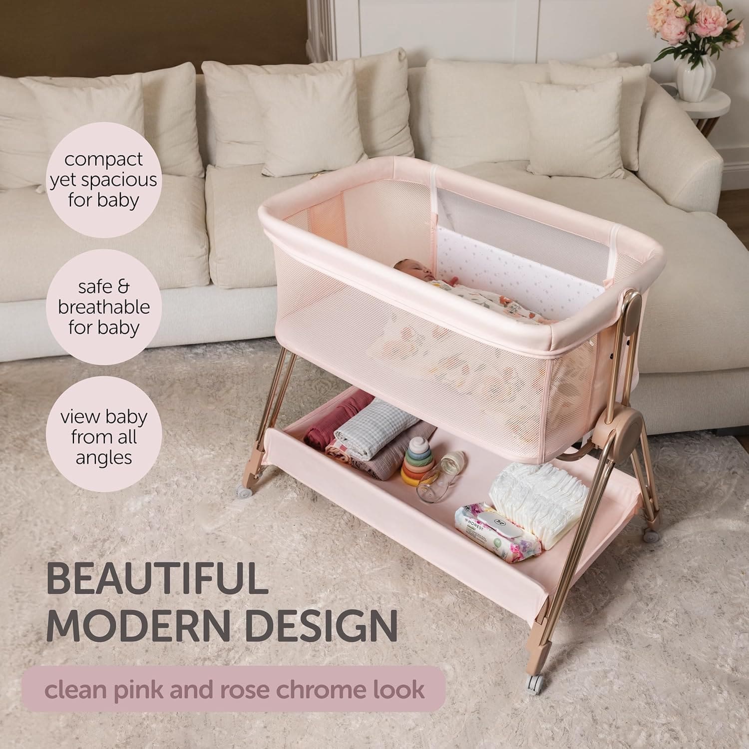 Co-sleeping baby bed attached to parent’s bed in a nursery