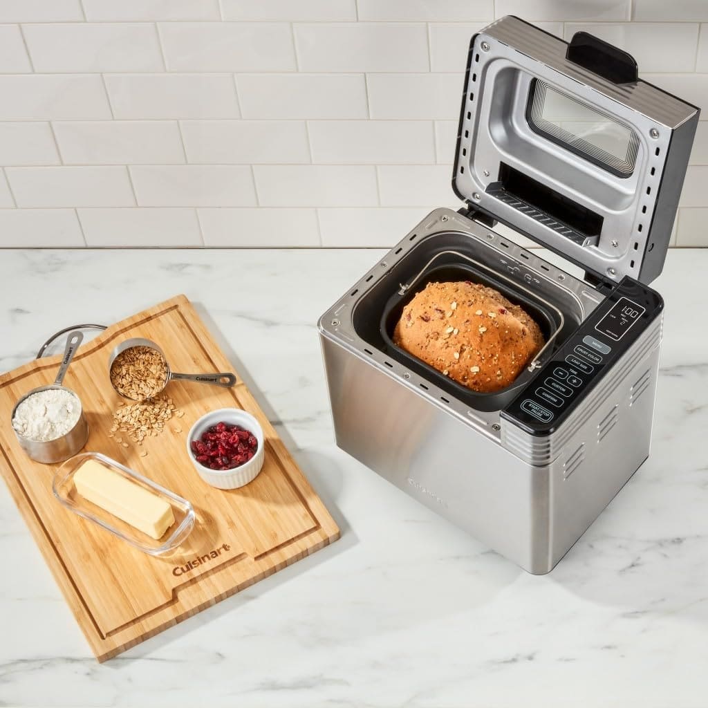 Customizable Loaf Sizes & Crust Colors Bake the perfect loaf with 3 crust color settings (light, medium, dark) and 3 loaf sizes (1 lb., 1.5 lb., and 2 lb.). Whether you’re baking for yourself or the whole family, you can adjust to your needs. Automatic Fruit & Nut Dispenser Loaf of Bread Inside Cuisinart CBK-210 Bread Machine