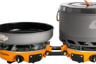 Close-up of Jetboil Genesis burner with adjustable flame control knob
