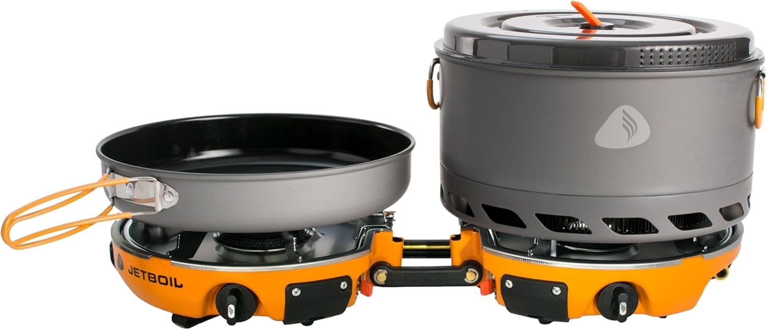 Close-up of Jetboil Genesis burner with adjustable flame control knob