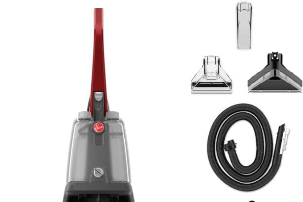 Front view of Hoover PowerScrub Deluxe Carpet Cleaner Machine with accessories