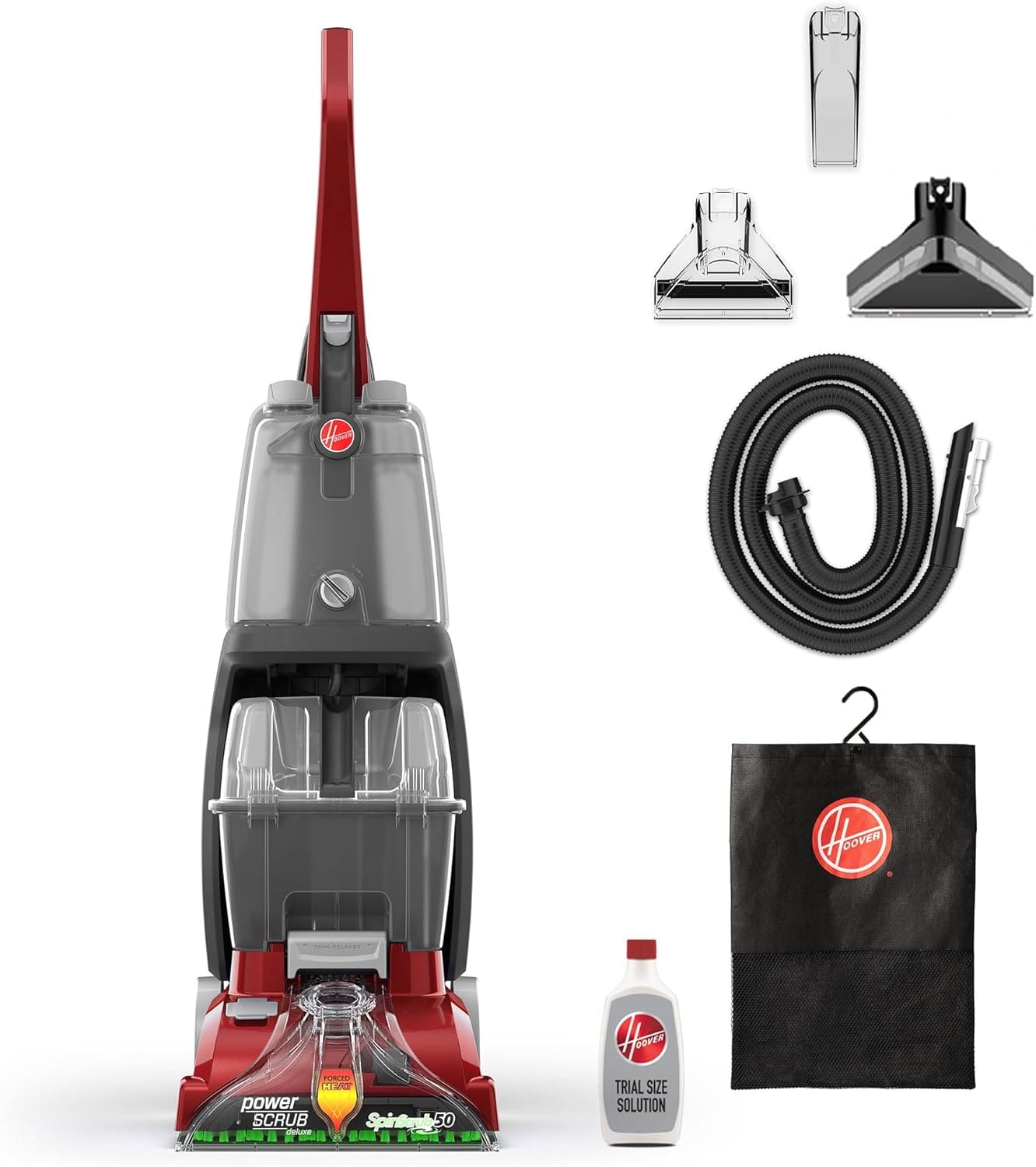 Front view of Hoover PowerScrub Deluxe Carpet Cleaner Machine with accessories