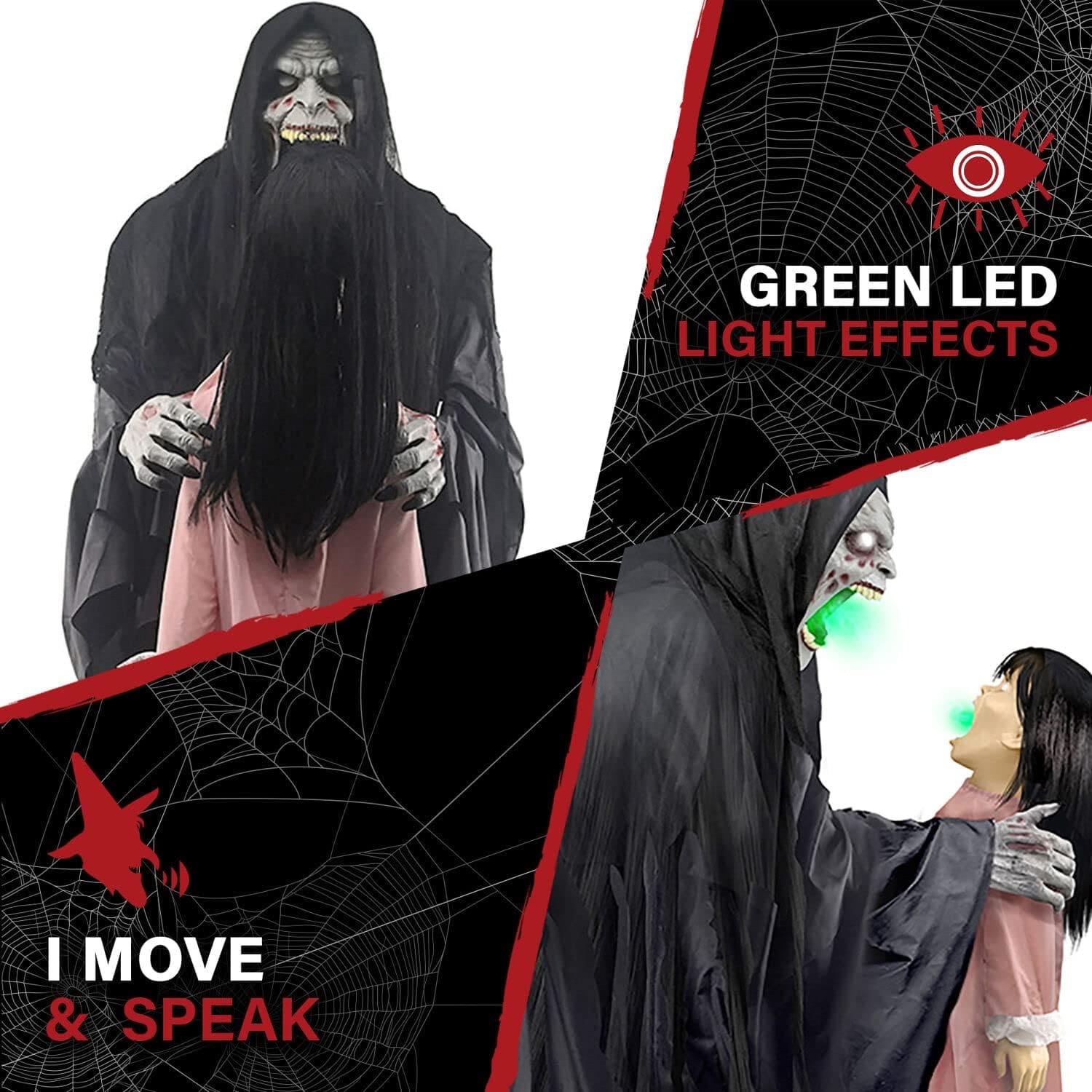 Indoor haunted scene with scary Halloween animatronic and spooky lighting effects