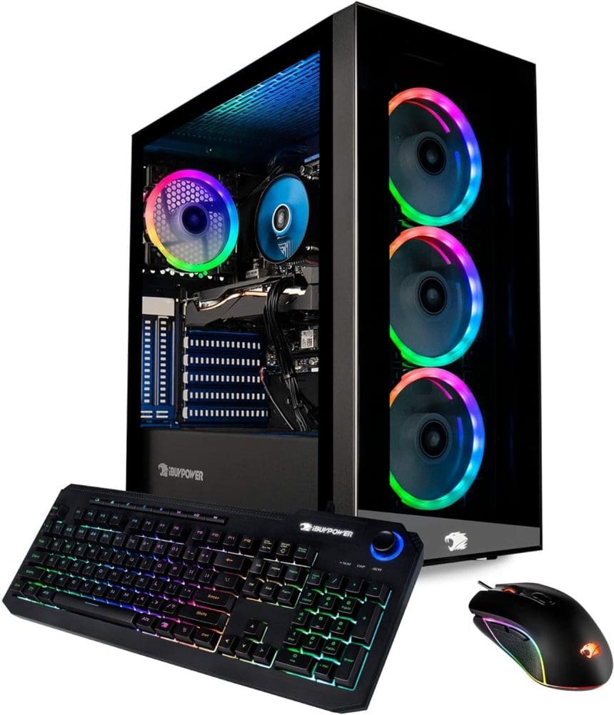 iBUYPOWER Gaming PC Element 9260 with RGB lighting and Intel i7 processor on gaming desk