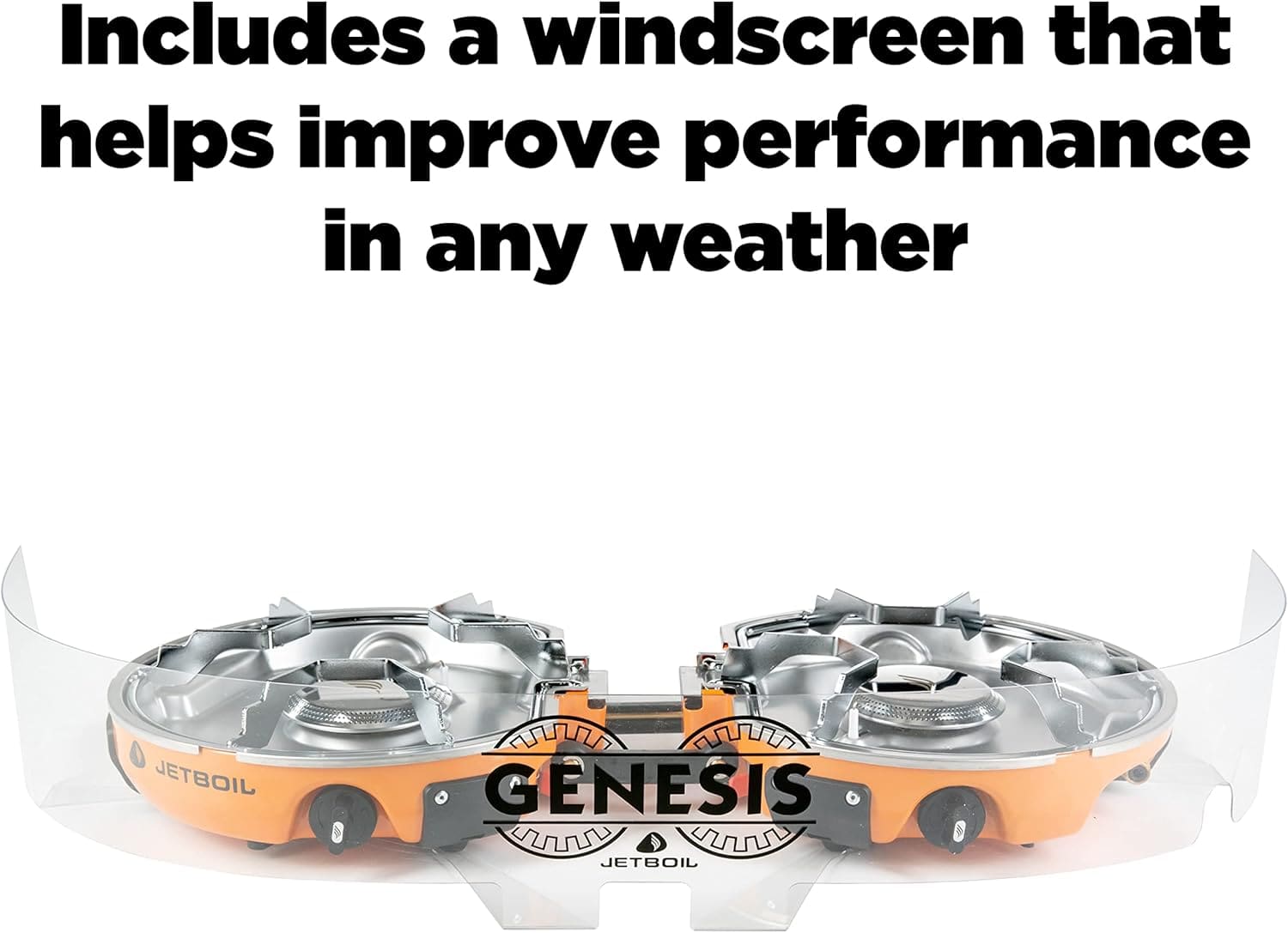 Jetboil Genesis dual-burner camping stove with frying pan and FluxRing pot in use outdoors