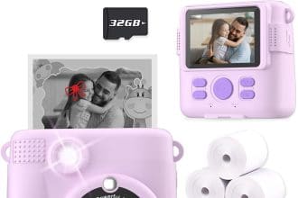 Kids Digital Camera purple front view with instant print