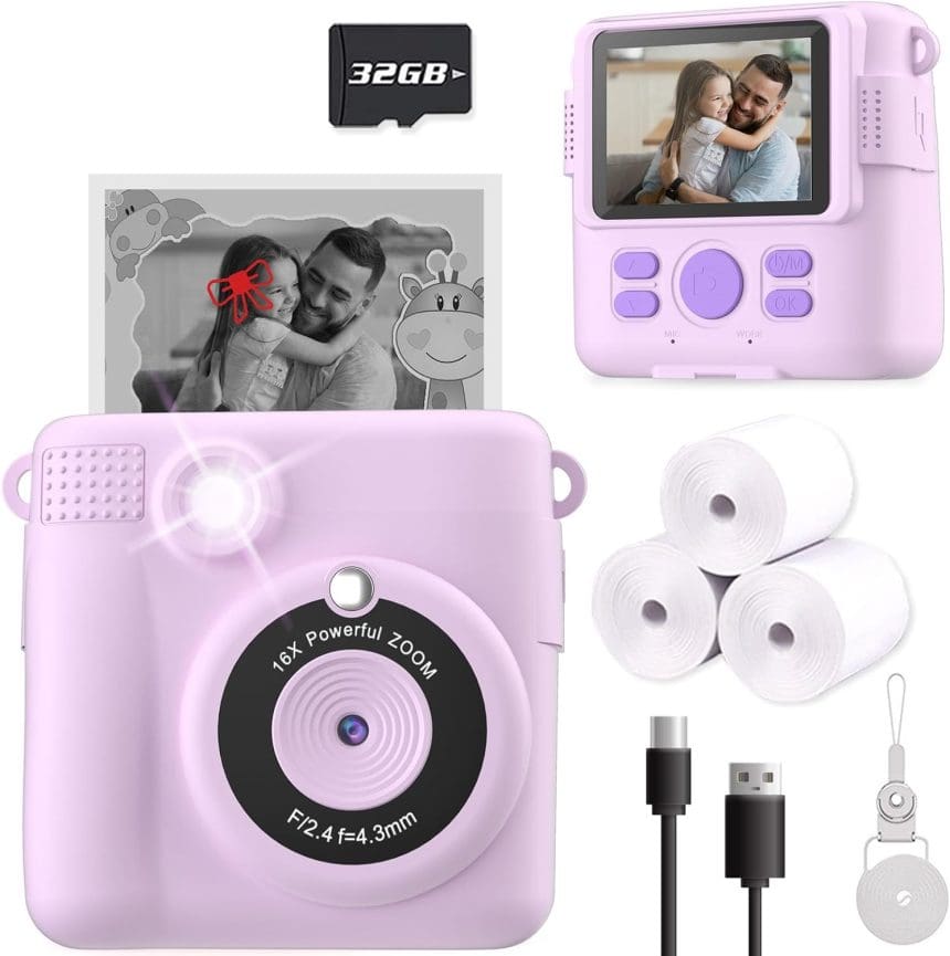 Kids Digital Camera purple front view with instant print