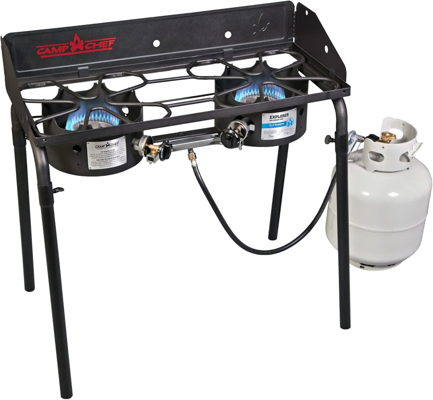 Front view of Camp Chef Explorer 2 Burner Stove with windscreen