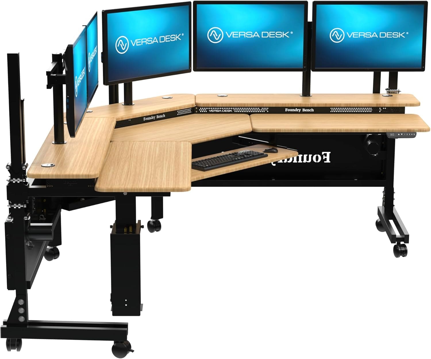 Electric adjustable L-shaped standing desk with dual monitors setup