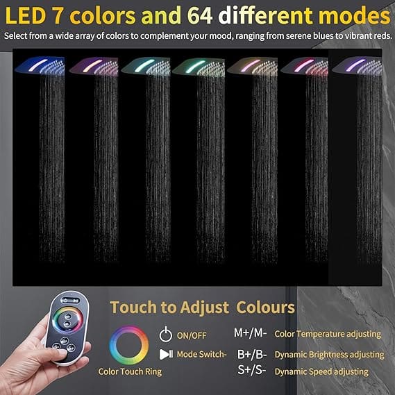 LED Rainfall Shower System with 6 massage body jets