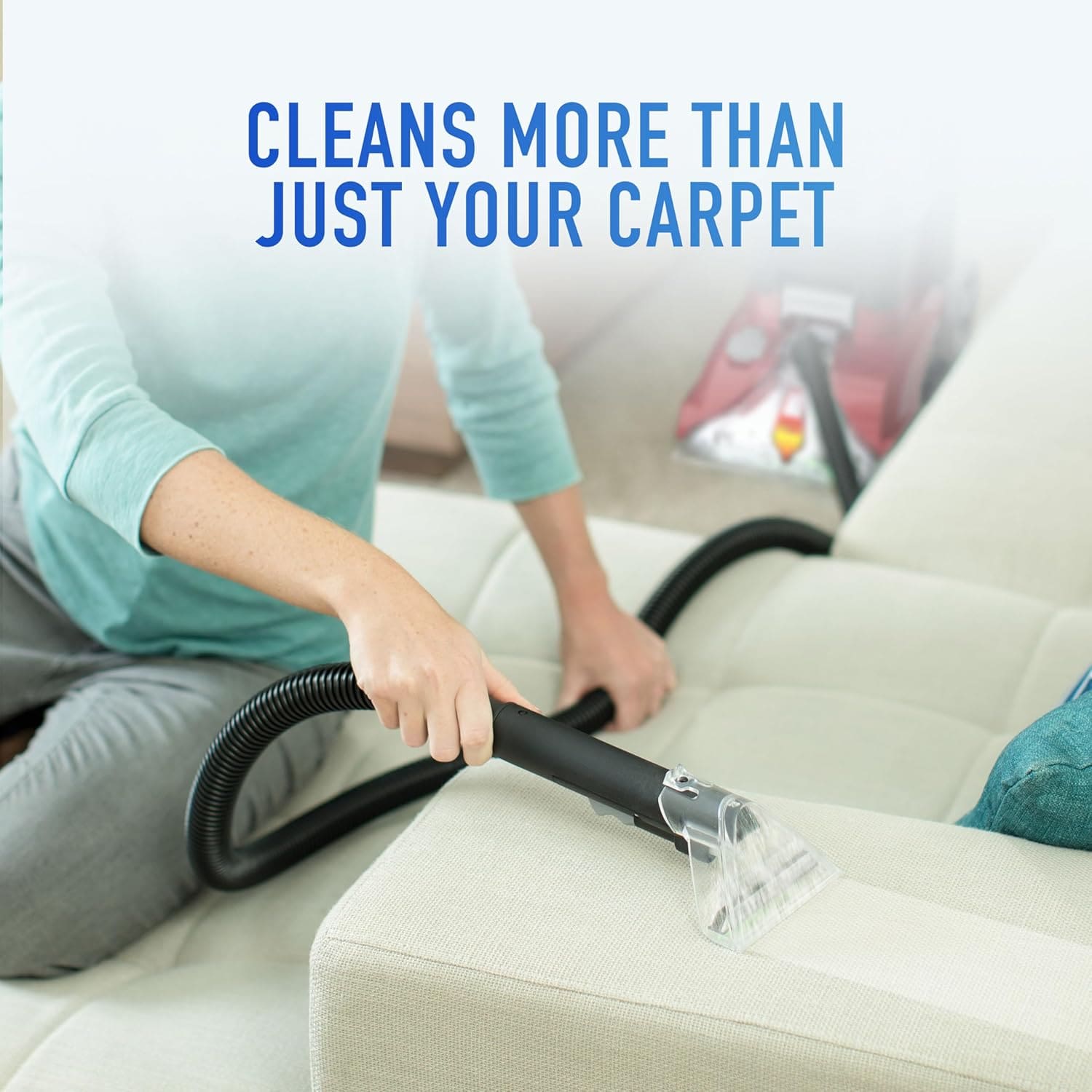 Close-up of SpinScrub brushes on Hoover PowerScrub Deluxe deep cleaning carpet machine