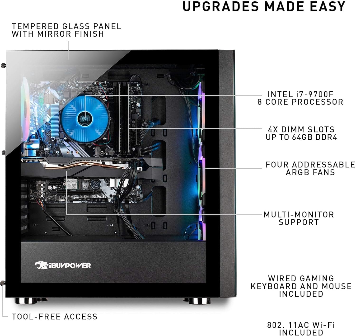 Side panel of iBUYPOWER Gaming PC showing 16GB DDR4 RAM, SSD, and cable management