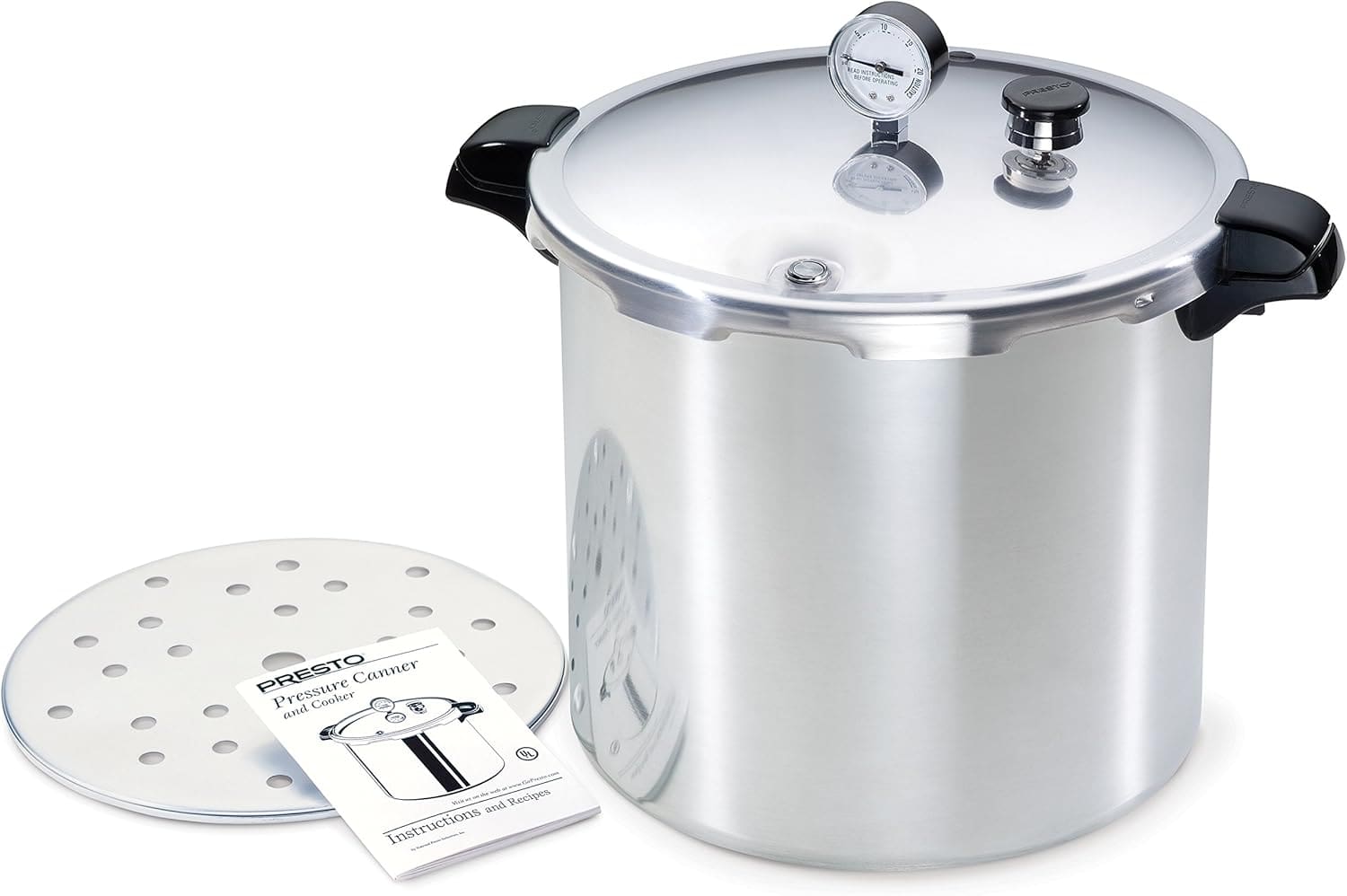 Complete set including pressure canner, cooking rack, and recipe instruction book.