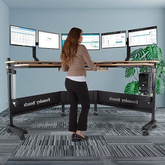 Wide office L-shaped electric standing desk with premium bamboo finish