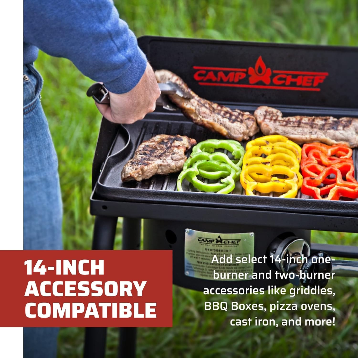 Family camping outdoors using Camp Chef Explorer stove for grilling