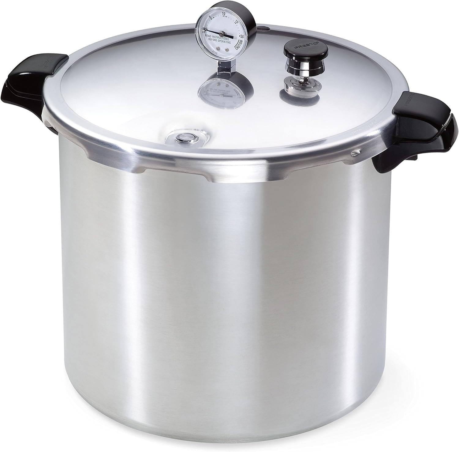 Presto 01781 Pressure Canner and Cooker, 23 Quart, Silver with lid and handles.