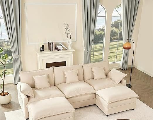 U Shaped Couch in beige linen with deep seats