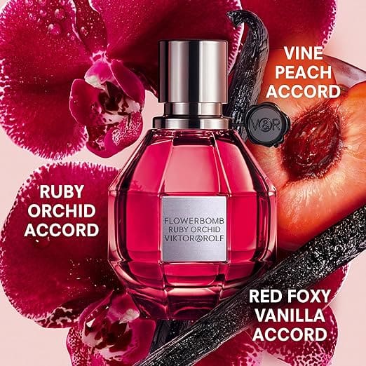 Lifestyle image of Flowerbomb Ruby Orchid perfume on vanity