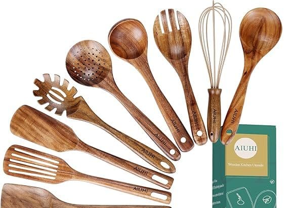 10 Pack Wooden Spoons for Cooking Teak Utensil Set