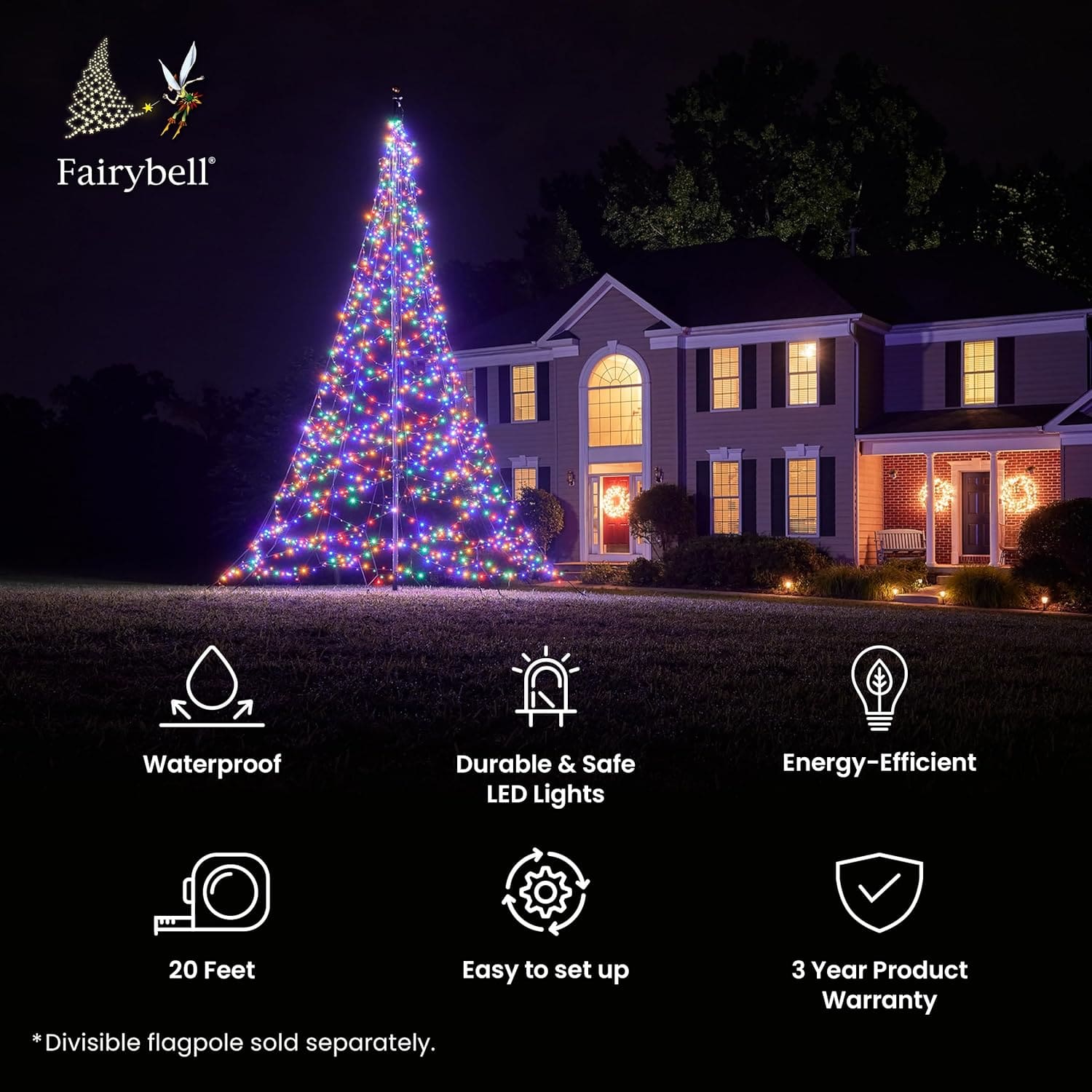 Multicolor LED Christmas tree glowing at night outdoors