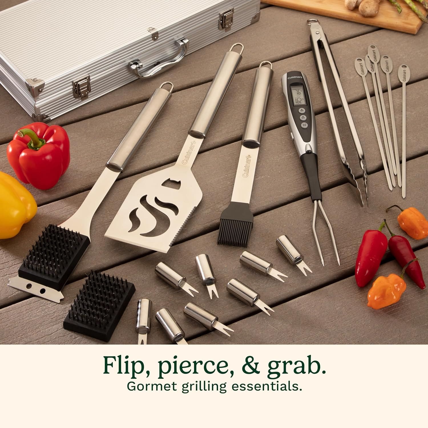 Close-up of tongs and spatula from 20-piece grill set