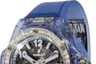 Luxury Sapphire wristwatch front angle close up