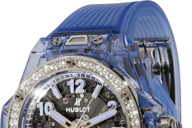 Luxury Sapphire wristwatch front angle close up