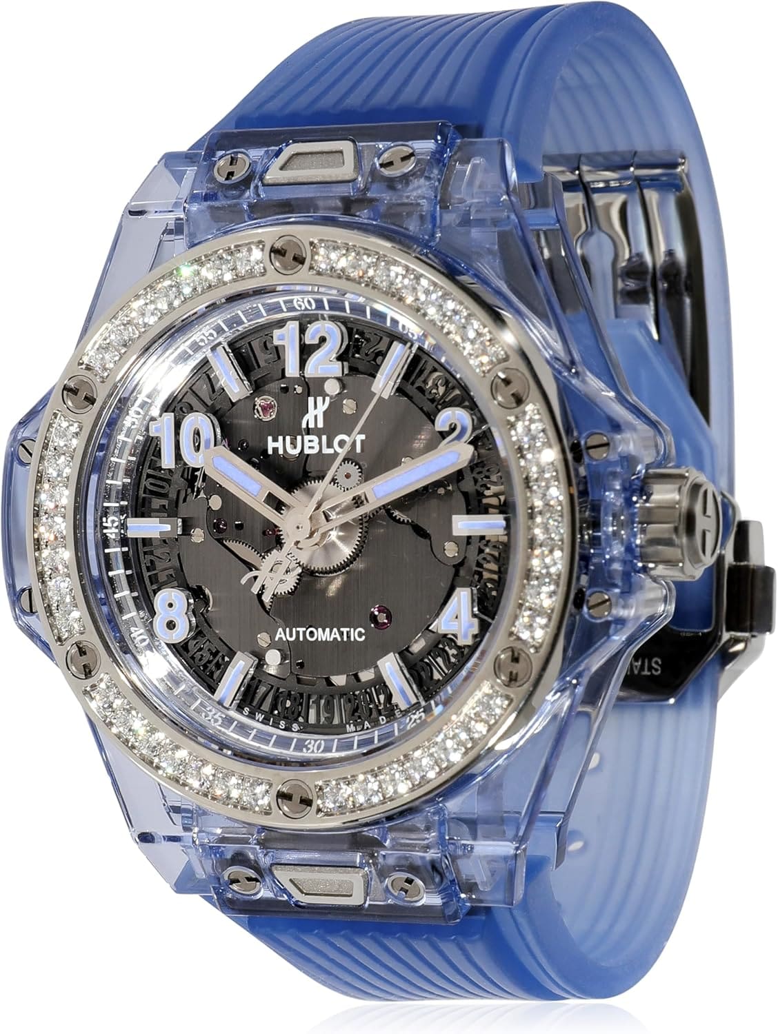 Luxury Sapphire wristwatch front angle close up